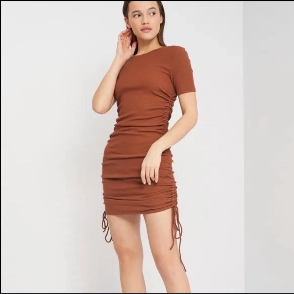 Zara Brown Ruched Short Sleeve Fitted Mini Dress Size S